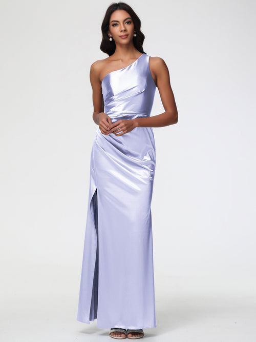 Dusty Lavender Bridesmaid Dresses One Shoulder Ruched Sleeveless Sheath/Column Floor Length Bridesmaid Dresses With Slit