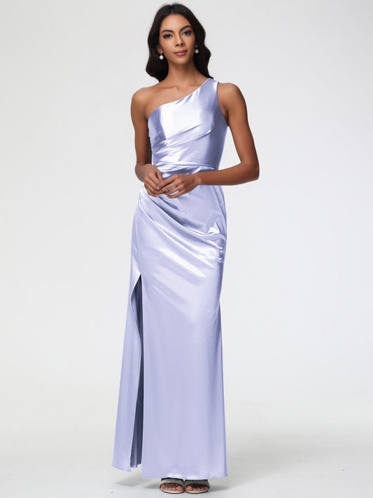 Dusty Lavender Bridesmaid Dresses One Shoulder Ruched Sleeveless Sheath/Column Floor Length Bridesmaid Dresses With Slit