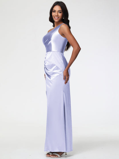 Dusty Lavender Bridesmaid Dresses One Shoulder Ruched Sleeveless Sheath/Column Floor Length Bridesmaid Dresses With Slit
