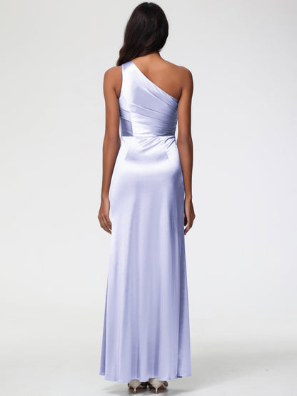 Dusty Lavender Bridesmaid Dresses One Shoulder Ruched Sleeveless Sheath/Column Floor Length Bridesmaid Dresses With Slit