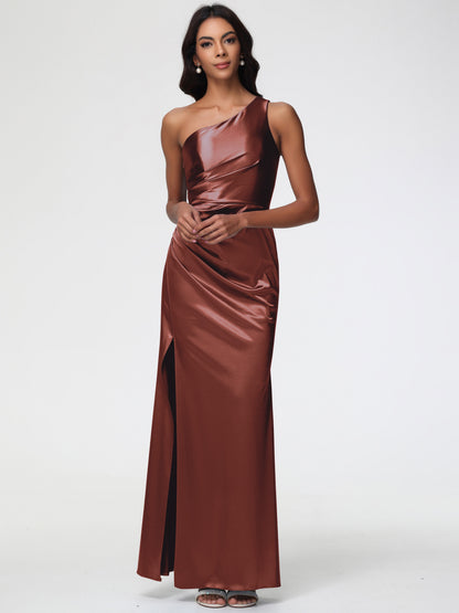 Dark Terracotta Bridesmaid Dresses One Shoulder Ruched Sleeveless Sheath/Column Floor Length Bridesmaid Dresses With Slit