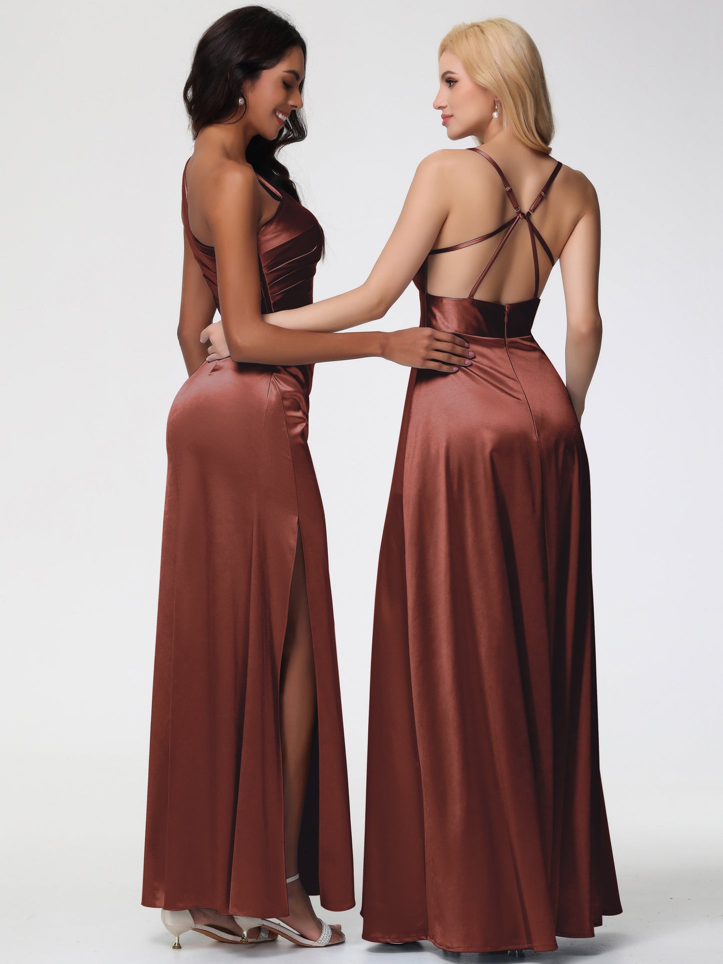 Dark Terracotta Bridesmaid Dresses One Shoulder Ruched Sleeveless Sheath/Column Floor Length Bridesmaid Dresses With Slit