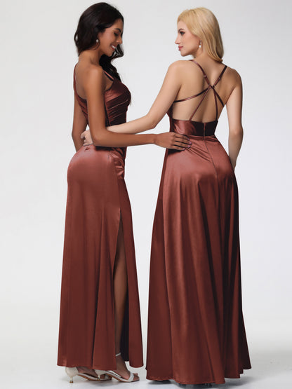 Dark Terracotta Bridesmaid Dresses One Shoulder Ruched Sleeveless Sheath/Column Floor Length Bridesmaid Dresses With Slit