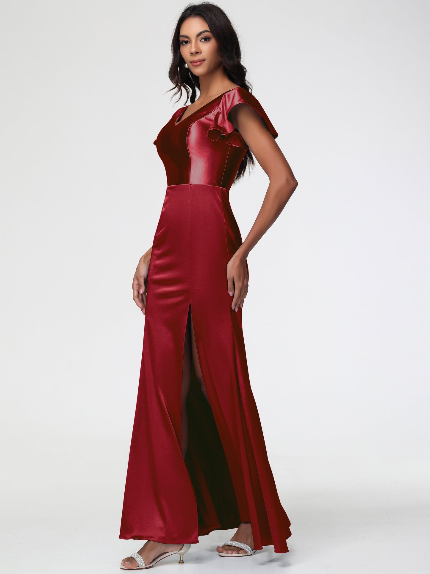 Burgundy Satin Bridesmaid Dresses Trumpet/Mermaid Short Sleeve V-Neck Floor Length Bridesmaid Dresses