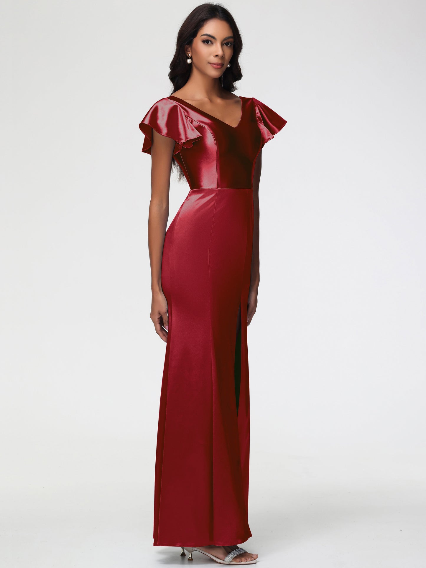 Burgundy Satin Bridesmaid Dresses Trumpet/Mermaid Short Sleeve V-Neck Floor Length Bridesmaid Dresses