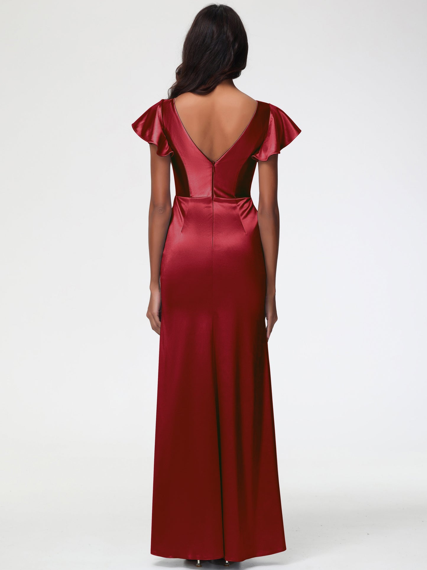 Burgundy Satin Bridesmaid Dresses Trumpet/Mermaid Short Sleeve V-Neck Floor Length Bridesmaid Dresses