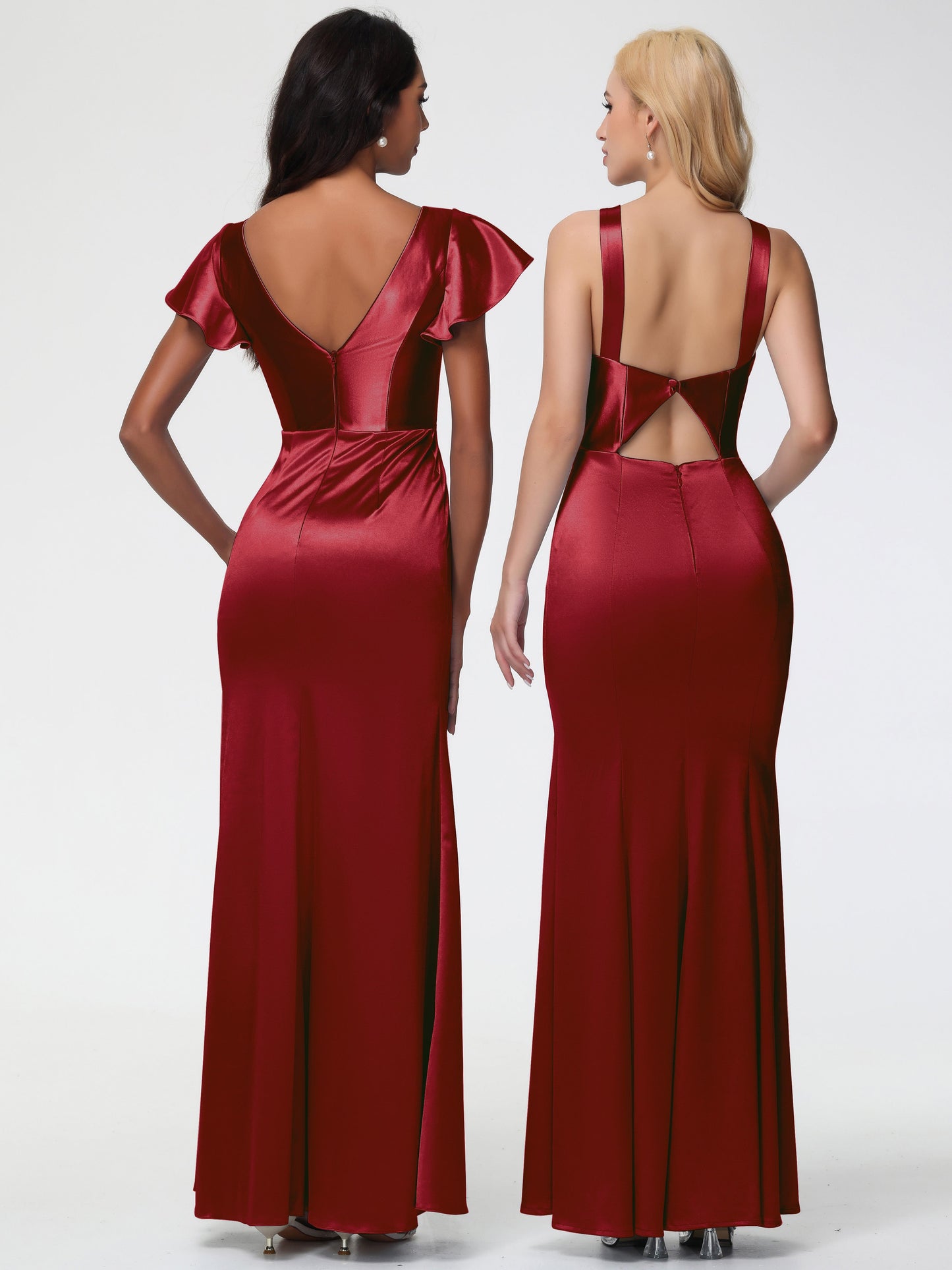 Burgundy Satin Bridesmaid Dresses Trumpet/Mermaid Short Sleeve V-Neck Floor Length Bridesmaid Dresses