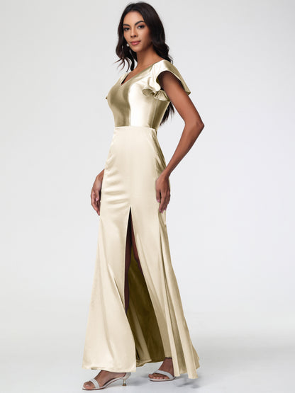 Champagne Bridesmaids Dresses Trumpet/Mermaid Short Sleeve V-Neck Floor Length Bridesmaid Dresses