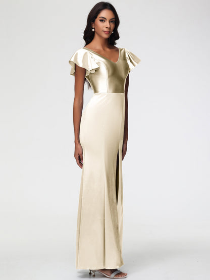 Champagne Bridesmaids Dresses Trumpet/Mermaid Short Sleeve V-Neck Floor Length Bridesmaid Dresses