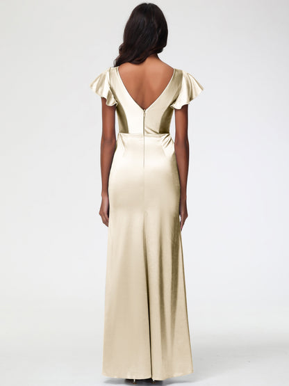 Champagne Bridesmaids Dresses Trumpet/Mermaid Short Sleeve V-Neck Floor Length Bridesmaid Dresses