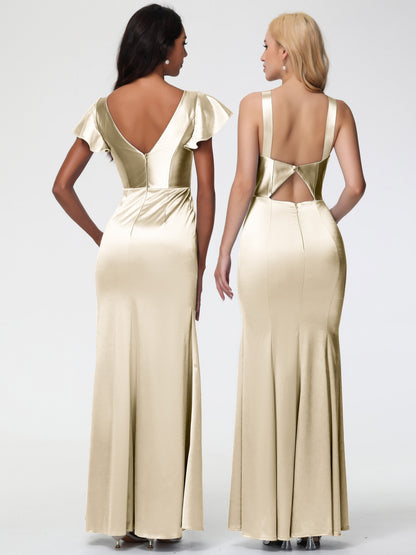 Champagne Bridesmaids Dresses Trumpet/Mermaid Short Sleeve V-Neck Floor Length Bridesmaid Dresses