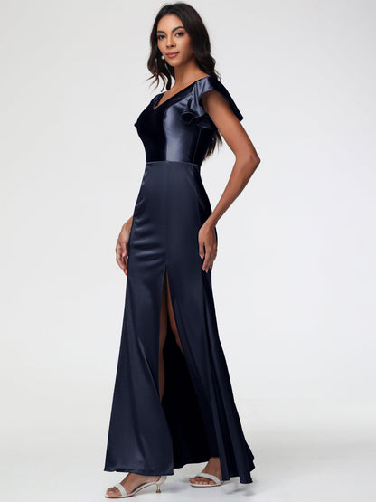 Dark Navy Bridesmaids Dresses Trumpet/Mermaid Short Sleeve V-Neck Floor Length Bridesmaid Dresses