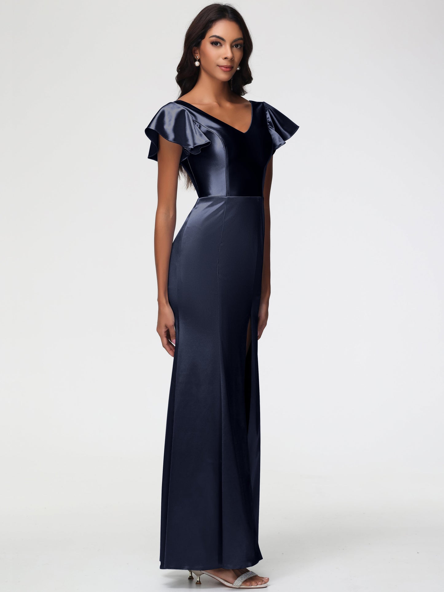 Dark Navy Bridesmaids Dresses Trumpet/Mermaid Short Sleeve V-Neck Floor Length Bridesmaid Dresses