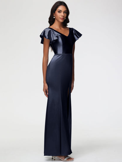 Dark Navy Bridesmaids Dresses Trumpet/Mermaid Short Sleeve V-Neck Floor Length Bridesmaid Dresses