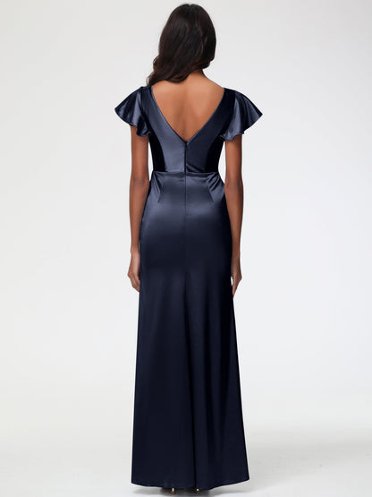 Dark Navy Bridesmaids Dresses Trumpet/Mermaid Short Sleeve V-Neck Floor Length Bridesmaid Dresses
