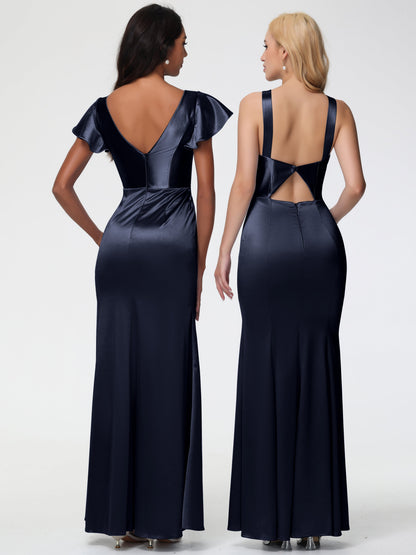 Dark Navy Bridesmaids Dresses Trumpet/Mermaid Short Sleeve V-Neck Floor Length Bridesmaid Dresses