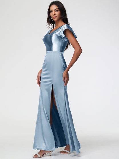 Dusty Blue Satin Bridesmaid Dresses Trumpet/Mermaid Short Sleeve V-Neck Floor Length Bridesmaid Dresses