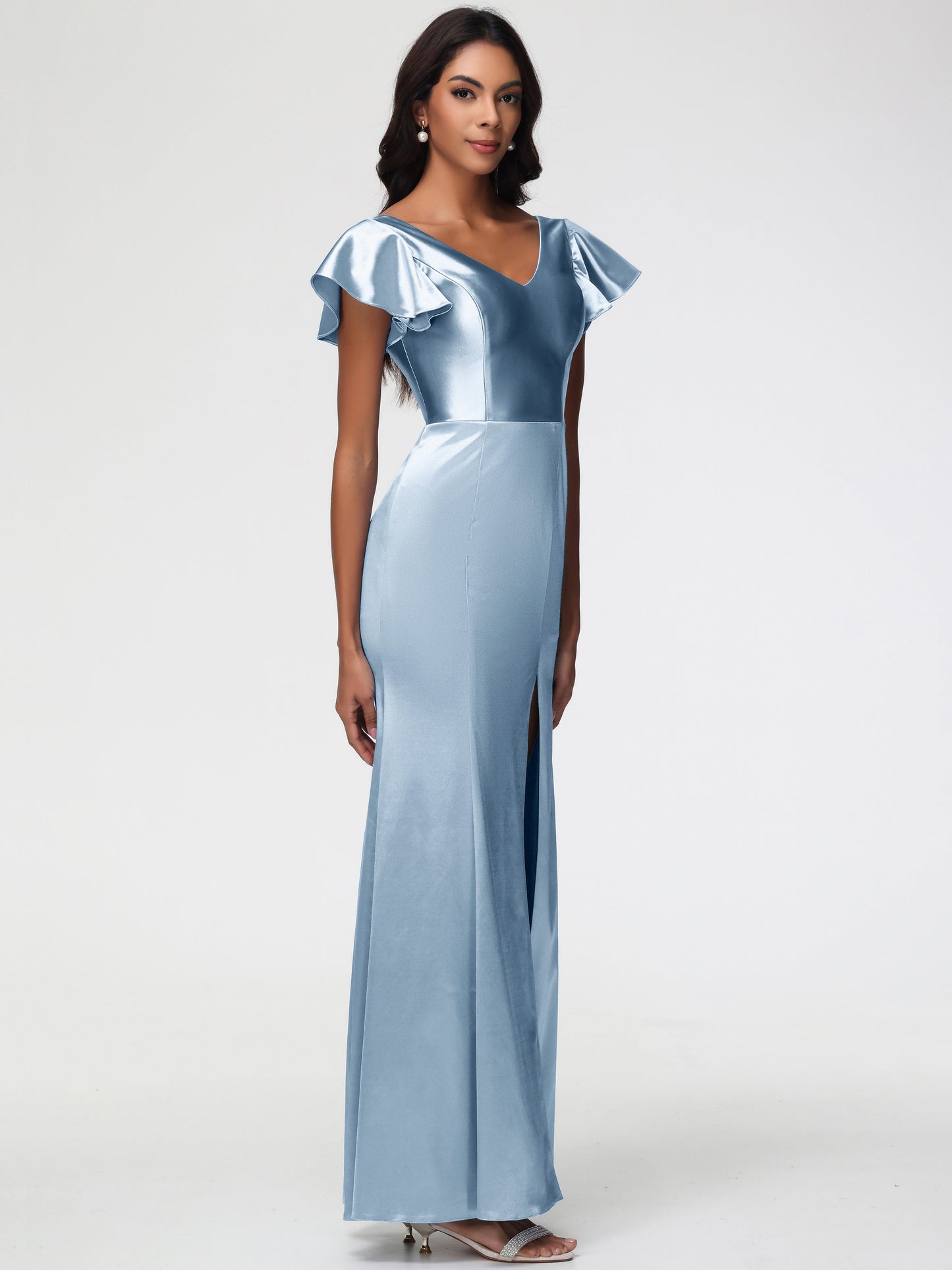 Dusty Blue Satin Bridesmaid Dresses Trumpet/Mermaid Short Sleeve V-Neck Floor Length Bridesmaid Dresses