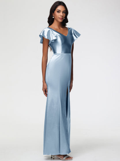 Dusty Blue Satin Bridesmaid Dresses Trumpet/Mermaid Short Sleeve V-Neck Floor Length Bridesmaid Dresses