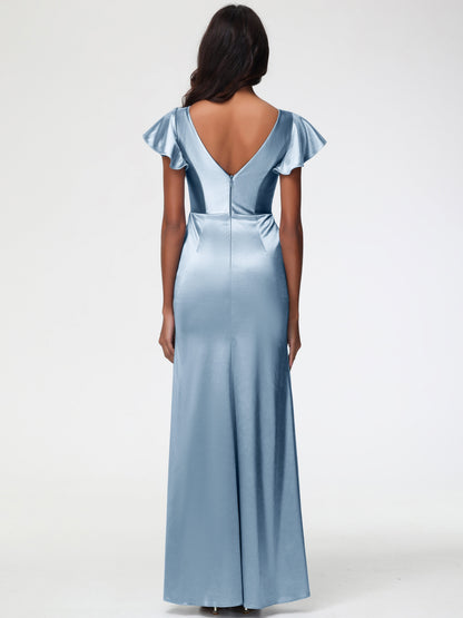 Dusty Blue Satin Bridesmaid Dresses Trumpet/Mermaid Short Sleeve V-Neck Floor Length Bridesmaid Dresses