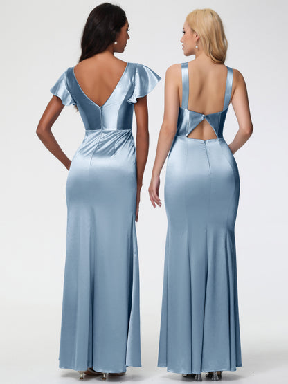 Dusty Blue Satin Bridesmaid Dresses Trumpet/Mermaid Short Sleeve V-Neck Floor Length Bridesmaid Dresses