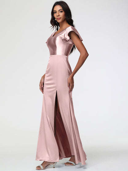 Dusty Rose Satin Bridesmaid Dresses Trumpet/Mermaid Short Sleeve V-Neck Floor Length Bridesmaid Dresses