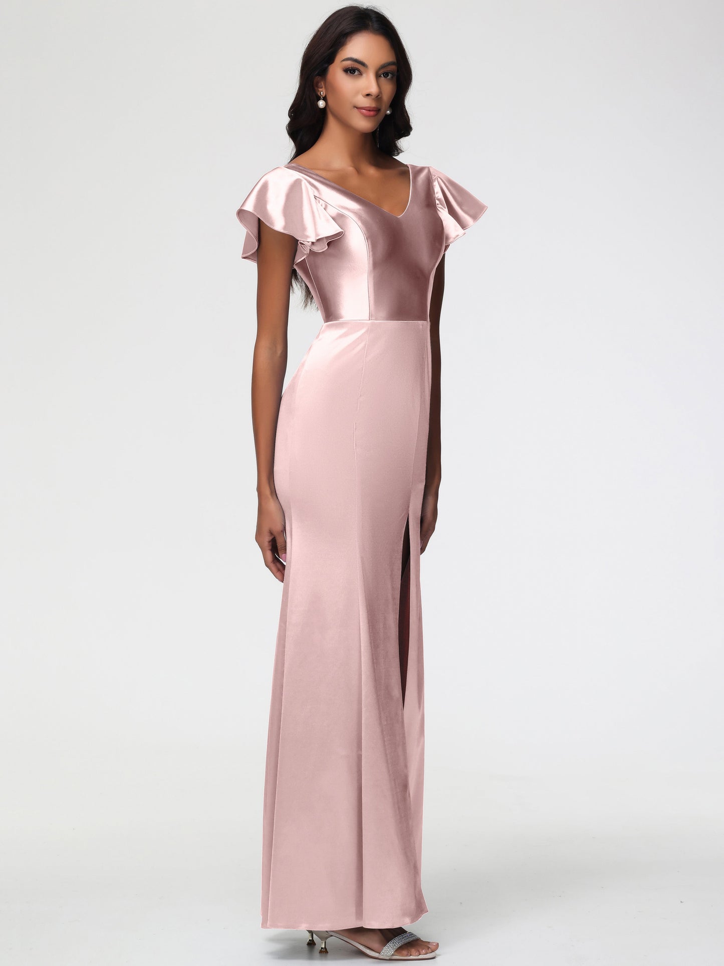 Dusty Rose Satin Bridesmaid Dresses Trumpet/Mermaid Short Sleeve V-Neck Floor Length Bridesmaid Dresses