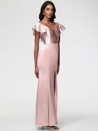 Dusty Rose Satin Bridesmaid Dresses Trumpet/Mermaid Short Sleeve V-Neck Floor Length Bridesmaid Dresses