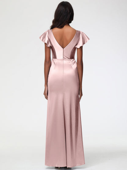 Dusty Rose Satin Bridesmaid Dresses Trumpet/Mermaid Short Sleeve V-Neck Floor Length Bridesmaid Dresses