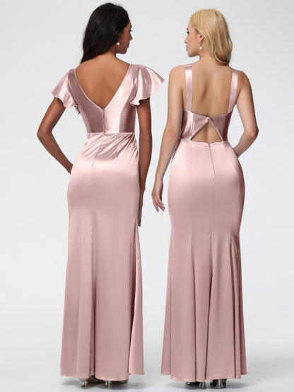 Dusty Rose Satin Bridesmaid Dresses Trumpet/Mermaid Short Sleeve V-Neck Floor Length Bridesmaid Dresses