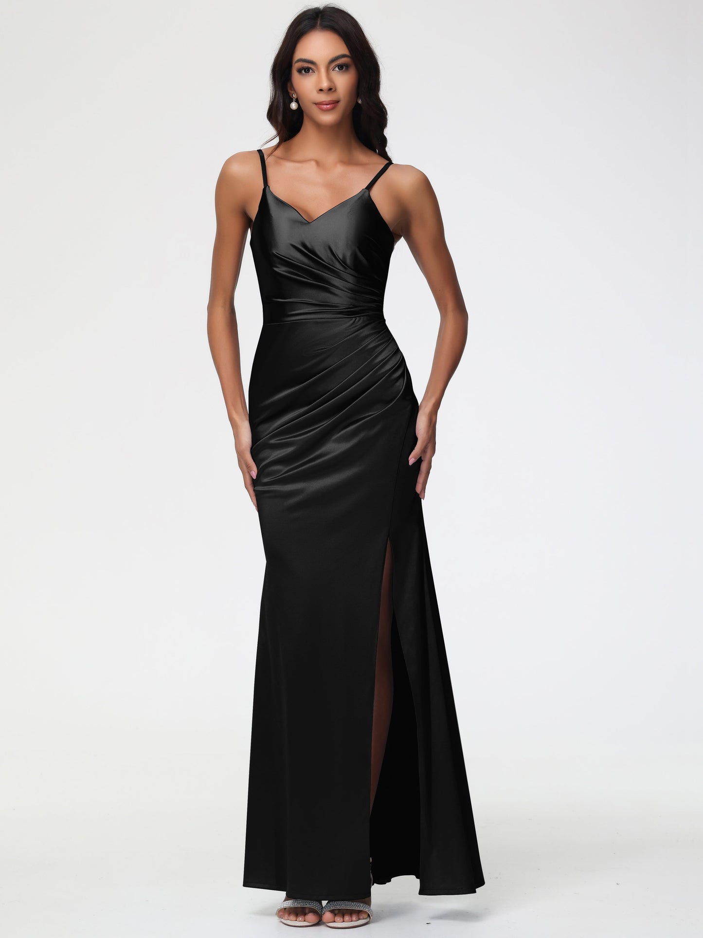 Wedding Black Bridesmaid Dresses Spaghetti Straps V-Neck Sleeveless Pleats Zipper Stretch Satin Bridesmaid Dresses With Split