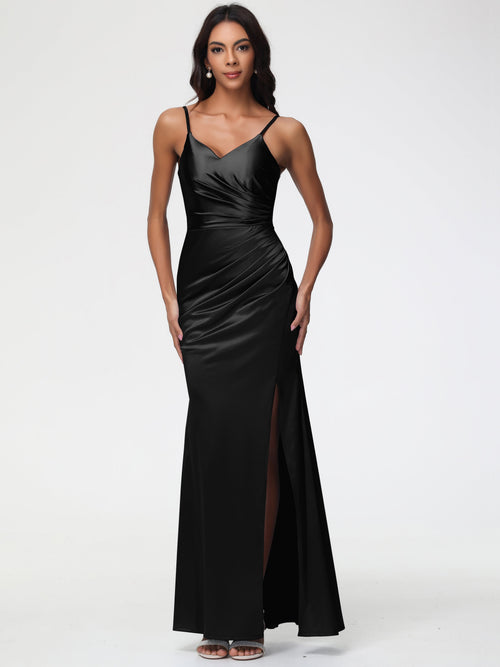 Wedding Black Bridesmaid Dresses Spaghetti Straps V-Neck Sleeveless Pleats Zipper Stretch Satin Bridesmaid Dresses With Split