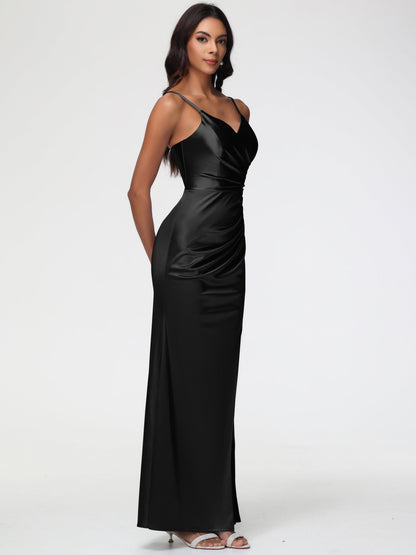 Wedding Black Bridesmaid Dresses Spaghetti Straps V-Neck Sleeveless Pleats Zipper Stretch Satin Bridesmaid Dresses With Split