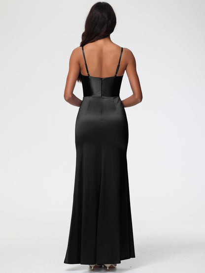 Wedding Black Bridesmaid Dresses Spaghetti Straps V-Neck Sleeveless Pleats Zipper Stretch Satin Bridesmaid Dresses With Split