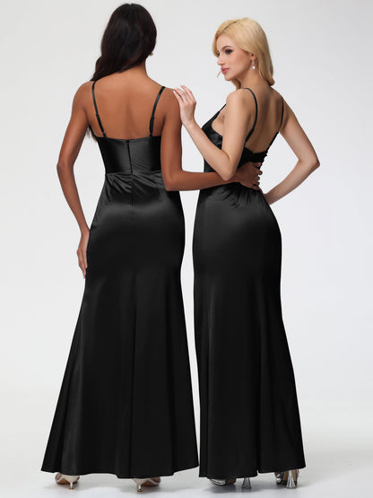 Wedding Black Bridesmaid Dresses Spaghetti Straps V-Neck Sleeveless Pleats Zipper Stretch Satin Bridesmaid Dresses With Split