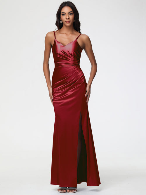 Satin Burgundy Bridesmaid Dresses Spaghetti Straps V-Neck Sleeveless Pleats Zipper Stretch Satin Bridesmaid Dresses With Split