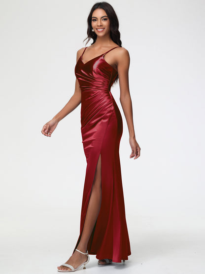 Satin Burgundy Bridesmaid Dresses Spaghetti Straps V-Neck Sleeveless Pleats Zipper Stretch Satin Bridesmaid Dresses With Split