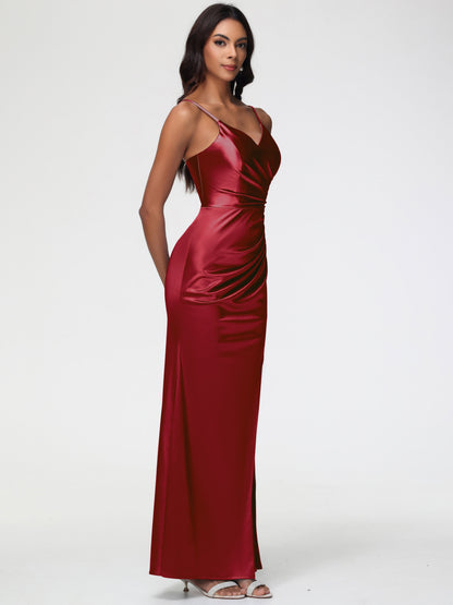 Satin Burgundy Bridesmaid Dresses Spaghetti Straps V-Neck Sleeveless Pleats Zipper Stretch Satin Bridesmaid Dresses With Split