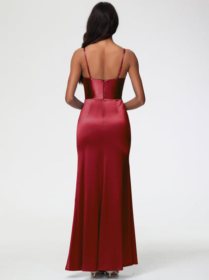 Satin Burgundy Bridesmaid Dresses Spaghetti Straps V-Neck Sleeveless Pleats Zipper Stretch Satin Bridesmaid Dresses With Split