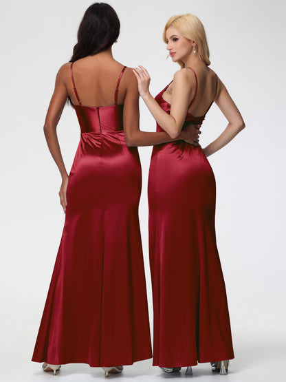 Satin Burgundy Bridesmaid Dresses Spaghetti Straps V-Neck Sleeveless Pleats Zipper Stretch Satin Bridesmaid Dresses With Split