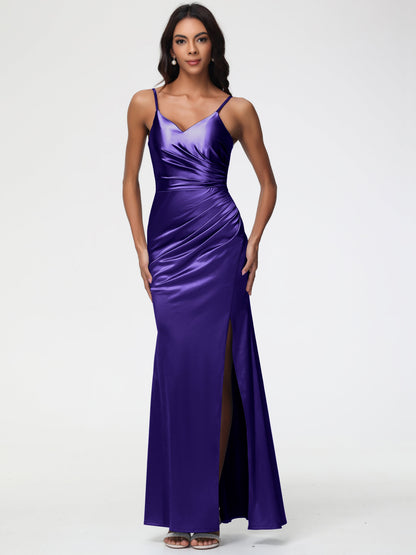 Regency Purple Bridesmaid Dress Spaghetti Straps V-Neck Sleeveless Pleats Zipper Stretch Satin Bridesmaid Dresses With Split