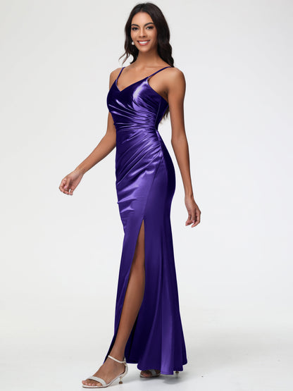 Regency Purple Bridesmaid Dress Spaghetti Straps V-Neck Sleeveless Pleats Zipper Stretch Satin Bridesmaid Dresses With Split