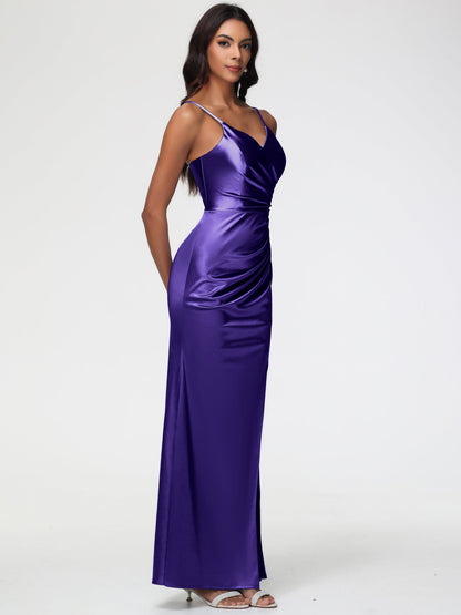 Regency Purple Bridesmaid Dress Spaghetti Straps V-Neck Sleeveless Pleats Zipper Stretch Satin Bridesmaid Dresses With Split