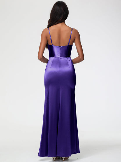 Regency Purple Bridesmaid Dress Spaghetti Straps V-Neck Sleeveless Pleats Zipper Stretch Satin Bridesmaid Dresses With Split