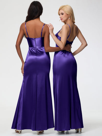 Regency Purple Bridesmaid Dress Spaghetti Straps V-Neck Sleeveless Pleats Zipper Stretch Satin Bridesmaid Dresses With Split