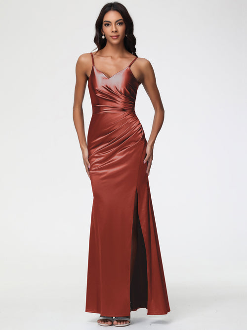 Satin Rust Bridesmaid Dress Spaghetti Straps V-Neck Sleeveless Pleats Zipper Stretch Satin Bridesmaid Dresses With Split