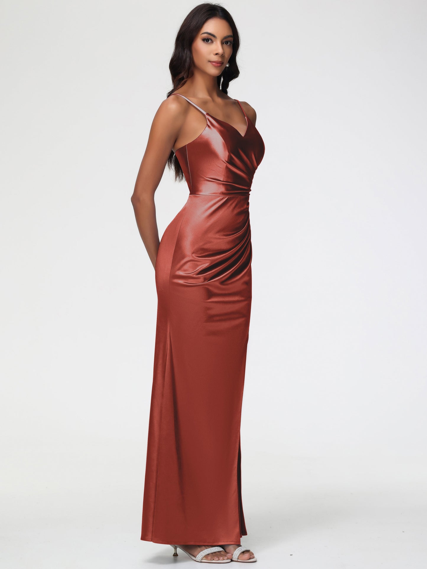 Satin Rust Bridesmaid Dress Spaghetti Straps V-Neck Sleeveless Pleats Zipper Stretch Satin Bridesmaid Dresses With Split