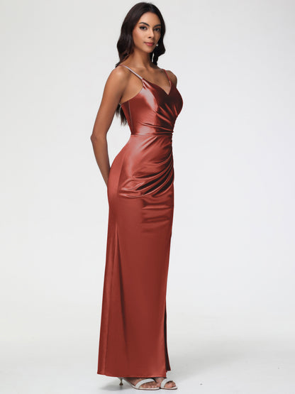 Satin Rust Bridesmaid Dress Spaghetti Straps V-Neck Sleeveless Pleats Zipper Stretch Satin Bridesmaid Dresses With Split