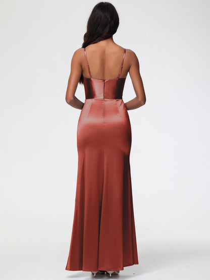 Satin Rust Bridesmaid Dress Spaghetti Straps V-Neck Sleeveless Pleats Zipper Stretch Satin Bridesmaid Dresses With Split