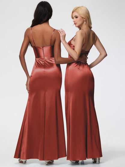 Satin Rust Bridesmaid Dress Spaghetti Straps V-Neck Sleeveless Pleats Zipper Stretch Satin Bridesmaid Dresses With Split